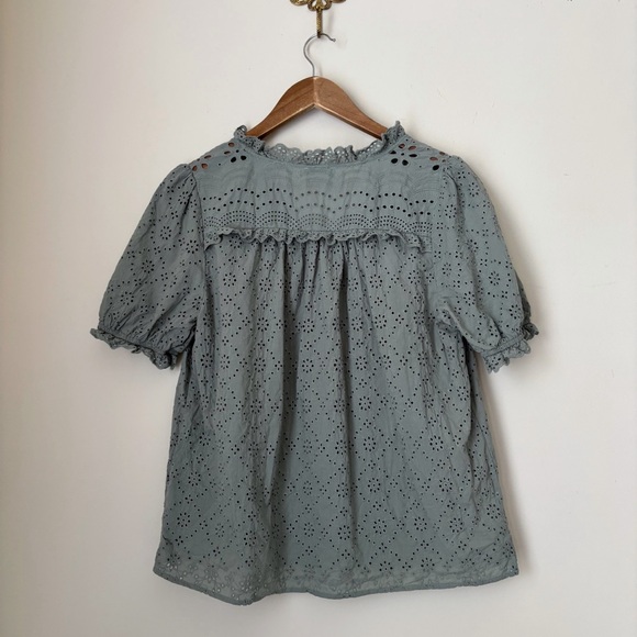 Current Air Green Eyelet Short Sleeve Blouse Medium - Picture 4 of 8
